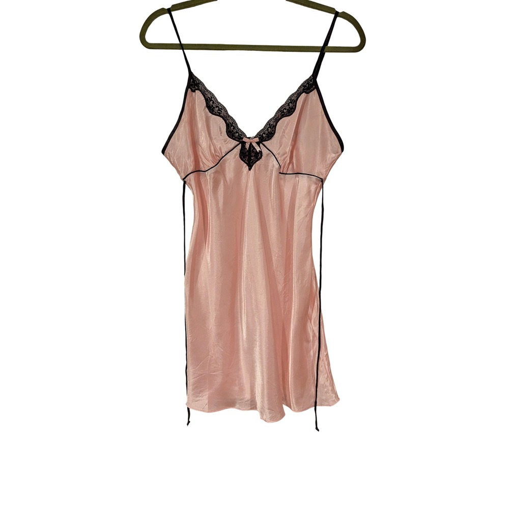 ND Intimates Pink Satin Lace‎ Trim Chemise Nightgown Tie Back Slip Dress Medium